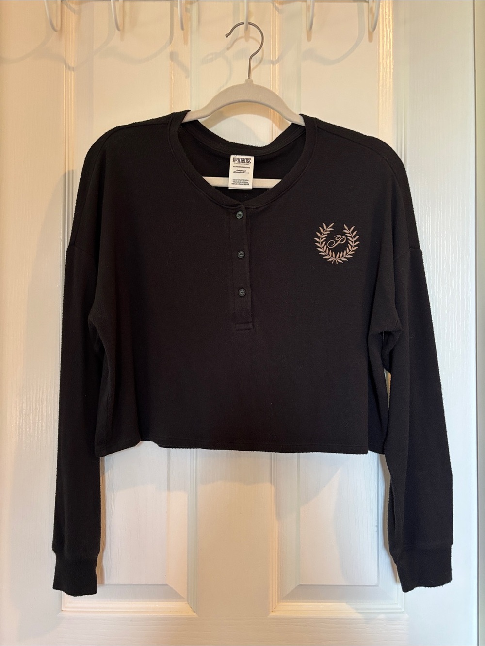 PINK Victoria's Secret Black Cropped Henley Sweatshirt with Logo Emblem